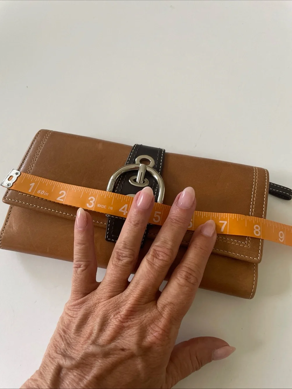 Coach Tan and Dark Brown Leather Buckle Continental Wallet